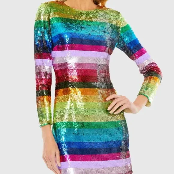 Mac Duggal 93724 Size 12 Rainbow Sequin Multicolor Striped Long Sleeve Dress NWT